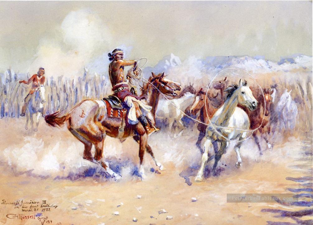 navajo chasseurs de chevaux sauvages 1911 Charles Marion Russell Peintures à l'huile